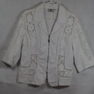 White Denim Lace Jacket Rhinestones SZ L by LaFei Nier